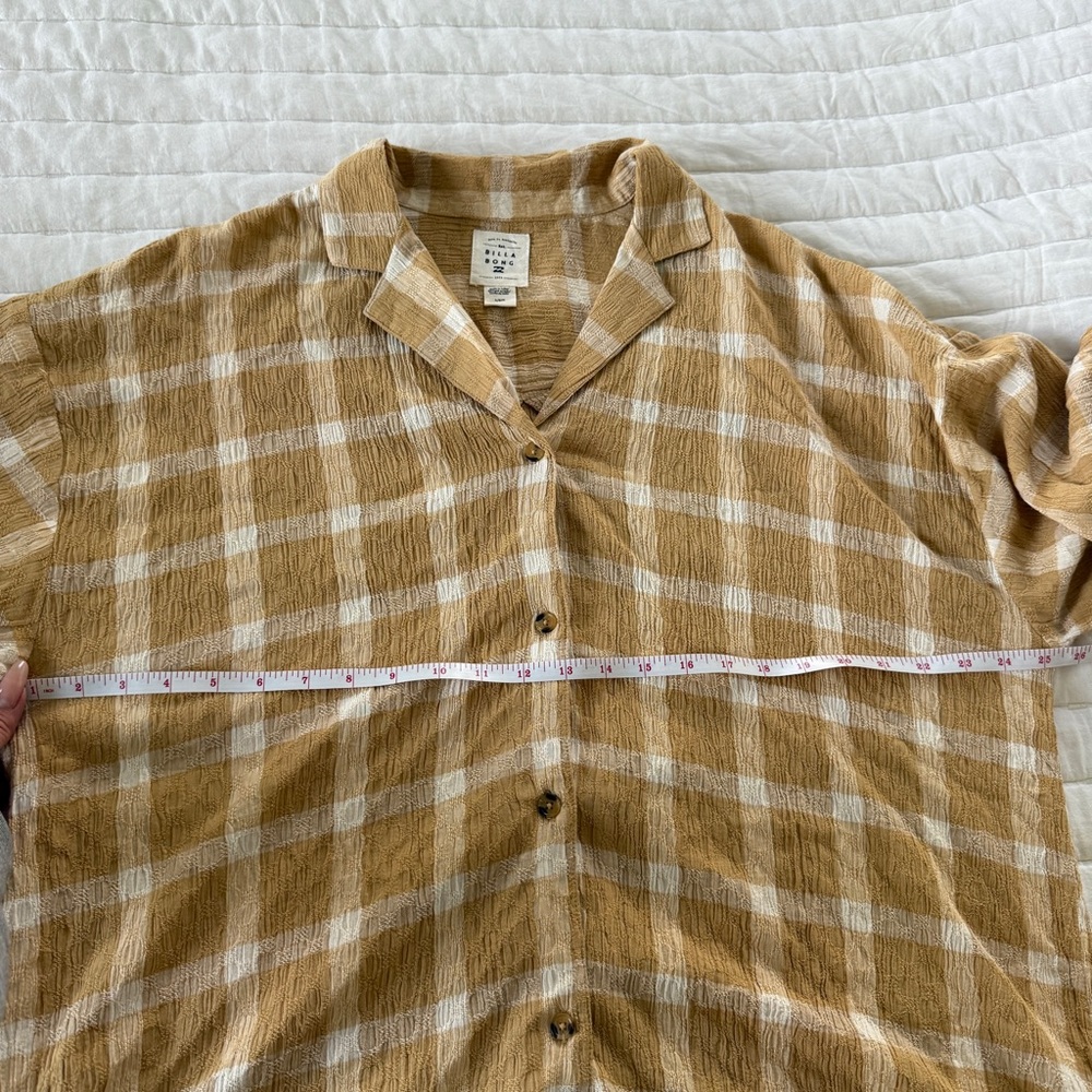 BILLABONG Beach Side Oversized Short Sleeves Shirt tan cream plaid textured - Picture 7 of 8